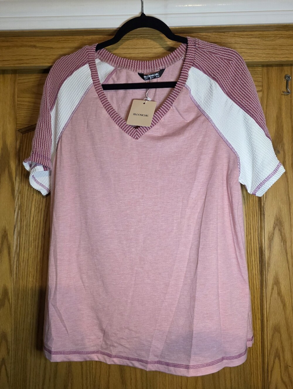 Bloomchic Pink and White Raglan V-Neck Short Sleeve Top